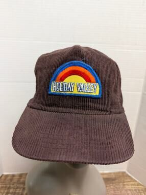 Vintage Holiday Valley Ski Resort Brown Corduroy Strapback Baseball Cap Hat Y2K